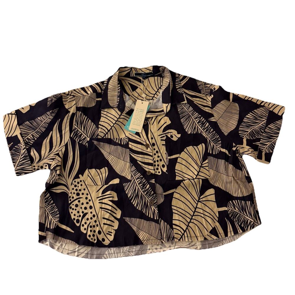 Shore Raw Hem Short Sleeve Navy Nautical Palm Shirt Womens Medium NWT MSRP $118